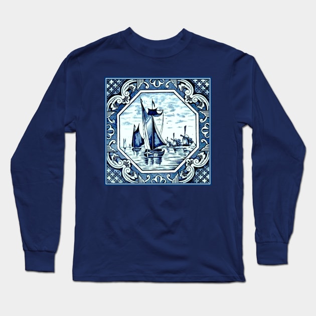 Dutch Blue Delft Sailing Boats and Windmills Long Sleeve T-Shirt by posterbobs